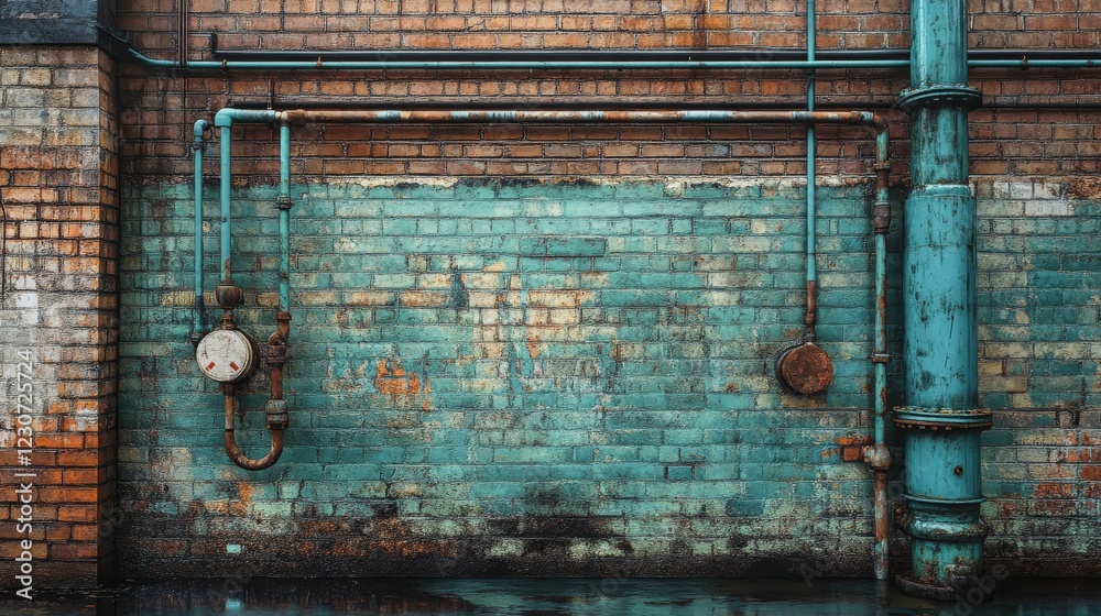 Leak pipe against a weathered urban brick wall Leak pipe against a weathered urban brick wall