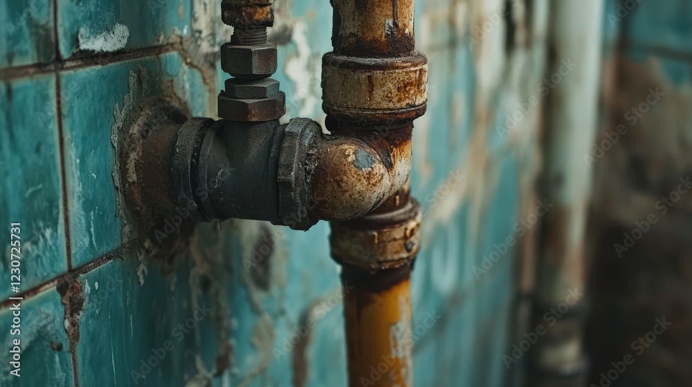 Leak in rusty pipe fitting against tiled wall Leak in rusty pipe fitting against tiled wall