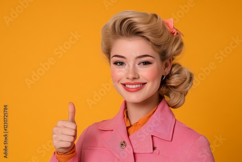 Woman giving a thumbs up against a bright yellow background in a stylish pink coat with a cheerful expression