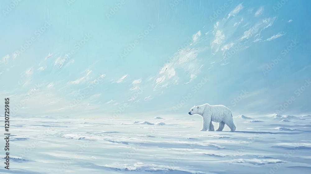 Solitary polar bear walking on a vast, snowy arctic landscape under a bright blue sky. Solitary polar bear walking on a vast, snowy arctic landscape under a bright blue sky.