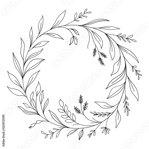 Circular botanical wreath with leafy details, minimalist black and white design.