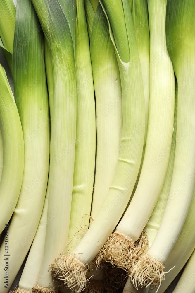 Fresh green leeks on light grey table, top view Fresh green leeks on light grey table, top view