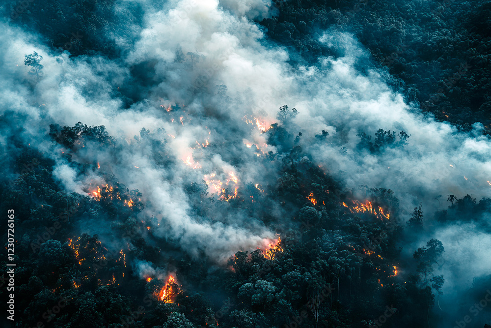 Burning trees and bushes in a forest. Forest fires. View from above. Natural disasters. Burning trees and bushes in a forest. Forest fires. View from above. Natural disasters.