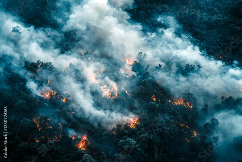 Burning trees and bushes in a forest. Forest fires. View from above. Natural disasters.
