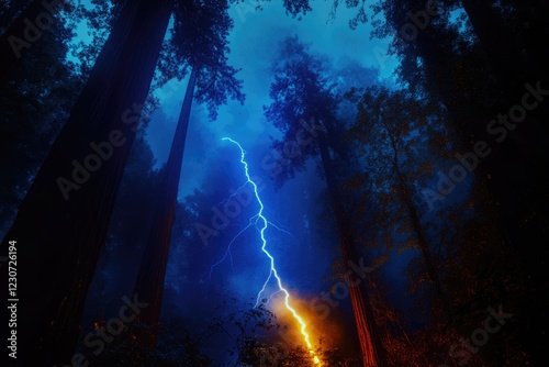 Lightning strike illuminates a dark forest at night, tall trees towering under stormy skies. photo