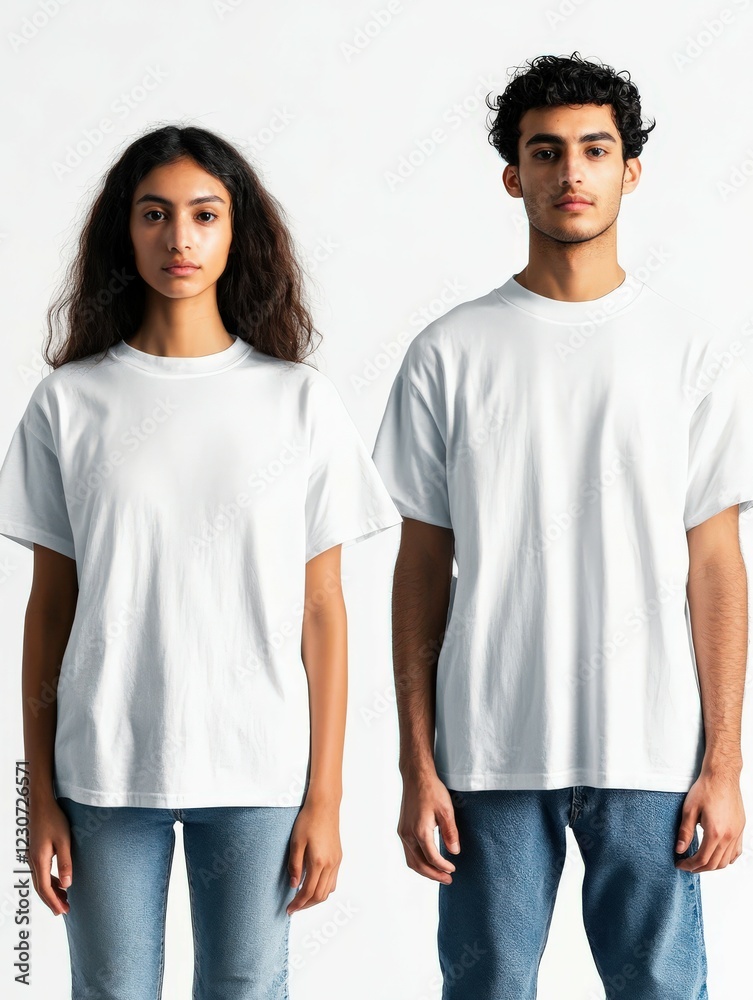 Models showcase new casual white t-shirts for spring collection Models showcase new casual white t-shirts for spring collection