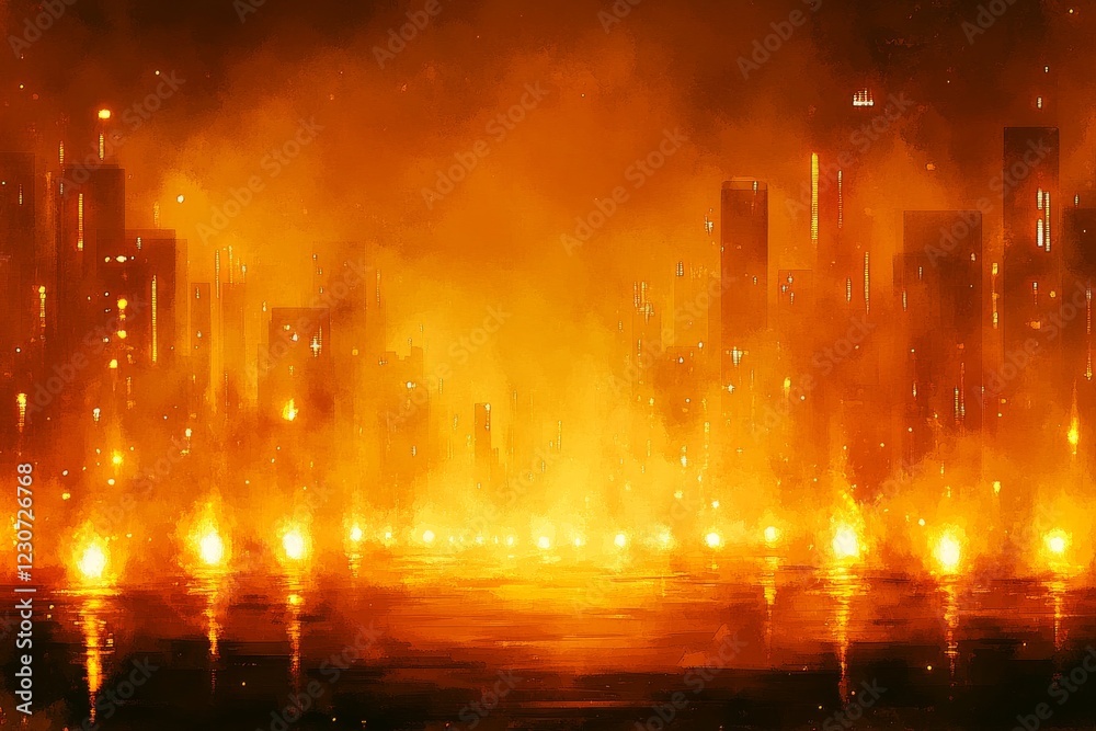 Fototapeta premium Fiery cityscape at dusk with vivid flames and smoke highlighting the skyline