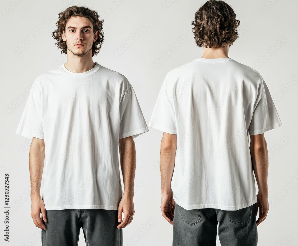 Young man wearing a white t-shirt in a neutral setting Young man wearing a white t-shirt in a neutral setting