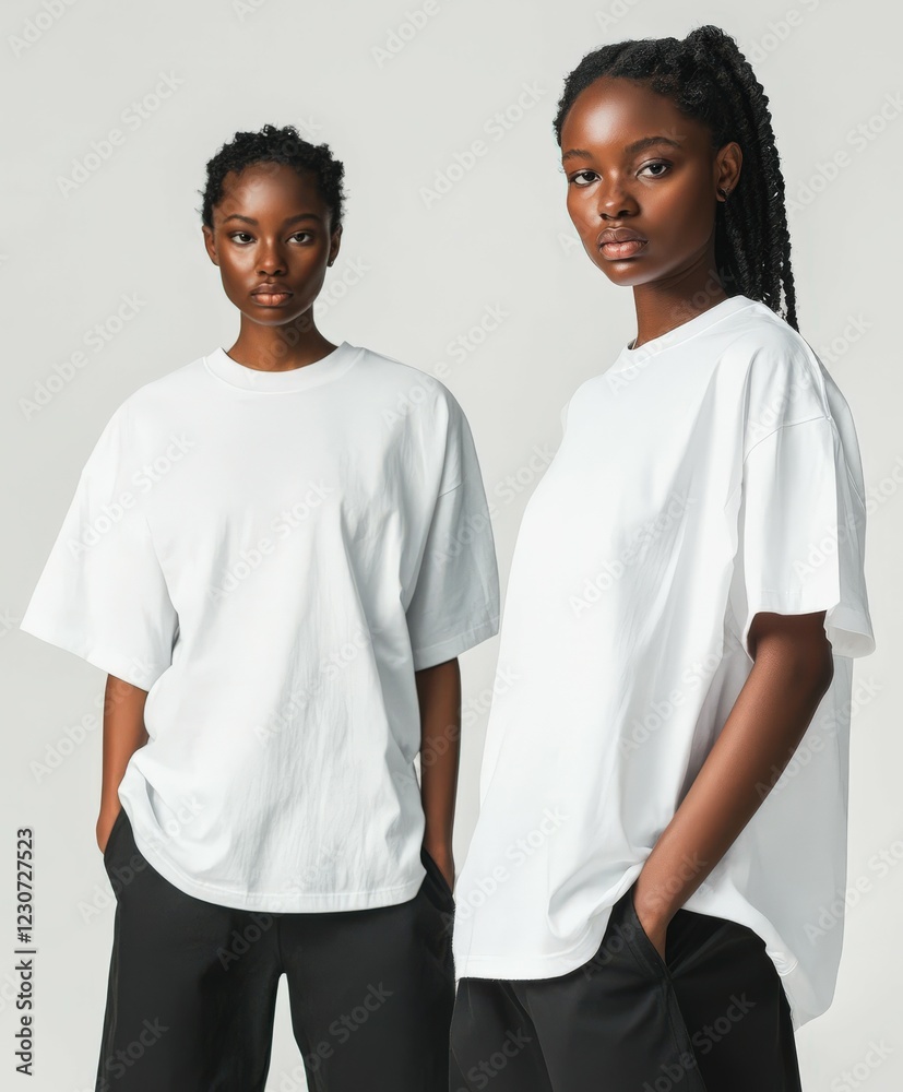 Stylish models showcasing casual white t-shirts indoors Stylish models showcasing casual white t-shirts indoors