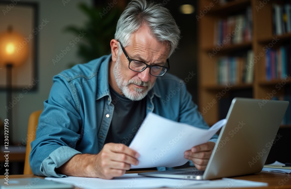 Middle-aged man reviews documents on desk. Focused man sits at his office workspace, using laptop. He reading important papers. He concentrating on his work. Work in progress at desk in modern office. Middle-aged man reviews documents on desk. Focused man sits at his office workspace, using laptop. He reading important papers. He concentrating on his work. Work in progress at desk in modern office.