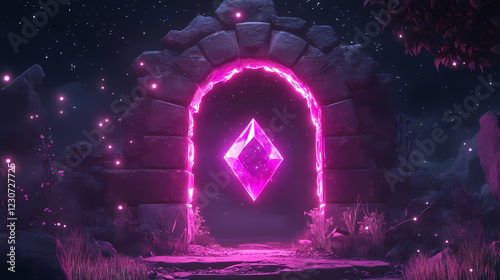 A neon pink diamond glows within a stone archway, beckoning towards a mysterious, star-filled destination. Diamond Archway. Illustration photo