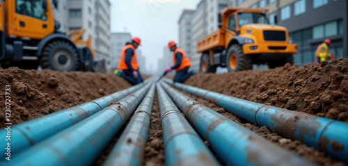 Urban construction site shows workers installing underground water sewer, fiber optic pipes. Construction crew lays utilities in trench. Heavy machinery nearby. Infrastructure project in progress. photo