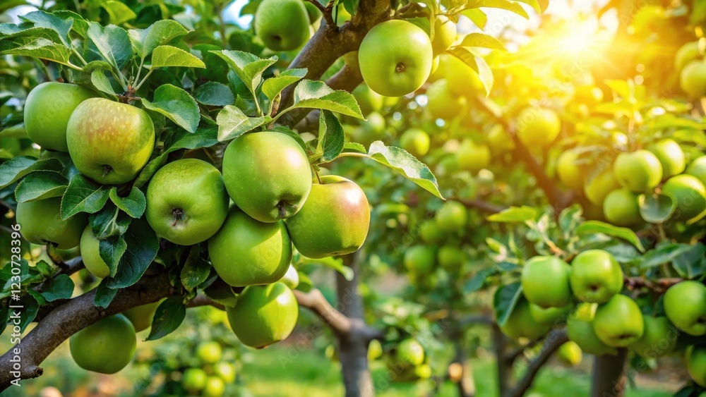 A succulent tree in the lush garden, its branches heavy with vibrant green apples , forbidden fruit, branch, forbidden fruit A succulent tree in the lush garden, its branches heavy with vibrant green apples , forbidden fruit, branch, forbidden fruit