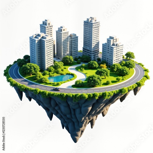 Floating island modern city. Green park, lake sit in centre. Road curves around island. Car moves along roadway. Eco friendly design. Fantasy, sustainable urban concept. Perfect for illustrations on photo
