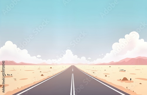 Empty road stretches through desert landscape under clear sky. Minimalist design evokes sense of vastness, freedom. Charitable organization might distribute aid along route. Volunteer efforts