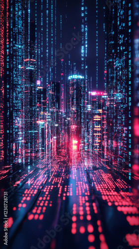 Abstract cityscape design featuring vibrant numbers and light patterns set against a futuristic digital backdrop in nighttime ambiance. Generative AI