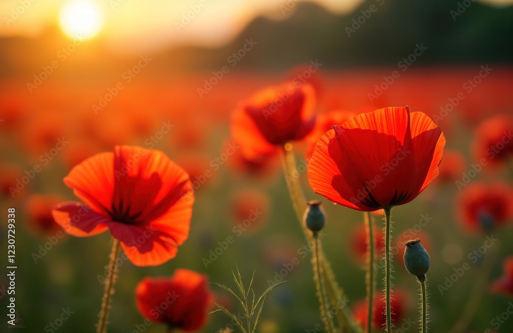 Obraz premium Beautiful poppy field in morning sunlight. Red poppies bloom in vast field. Sun shines brightly on flower petals. Tranquil nature scene. Perfect summer landscape. Gentle light illuminates flower