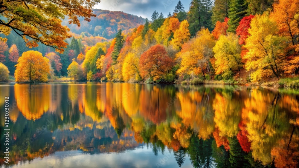Fototapeta premium Autumn leaves reflected in a serene lake, peaceful, natural beauty, peaceful, natural beauty