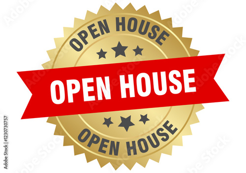 open house. open house round red and gold label isolated on transparent background