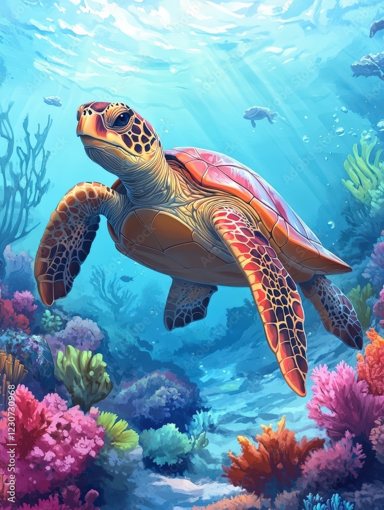 Fototapeta premium Colorful sea turtle swimming through vibrant coral reef