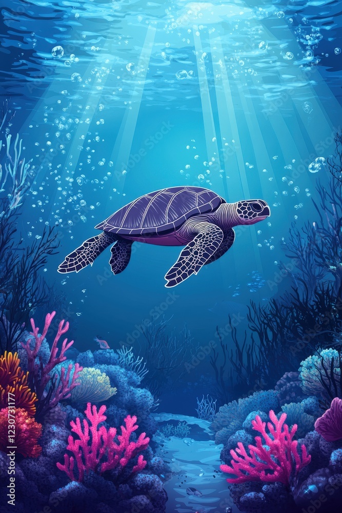 Obraz premium Majestic sea turtle swimming through vibrant coral reef