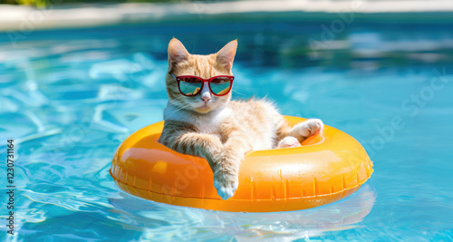 Beautiful young white-orange kitty in sunglasses chilling in the swimming pool on yellow water donut. Summer holidays with pets, vacation, relaxion, spa, resort.