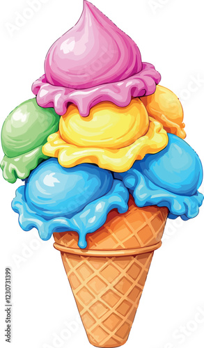 Melting ice cream scoops with different flavors on waffle cone