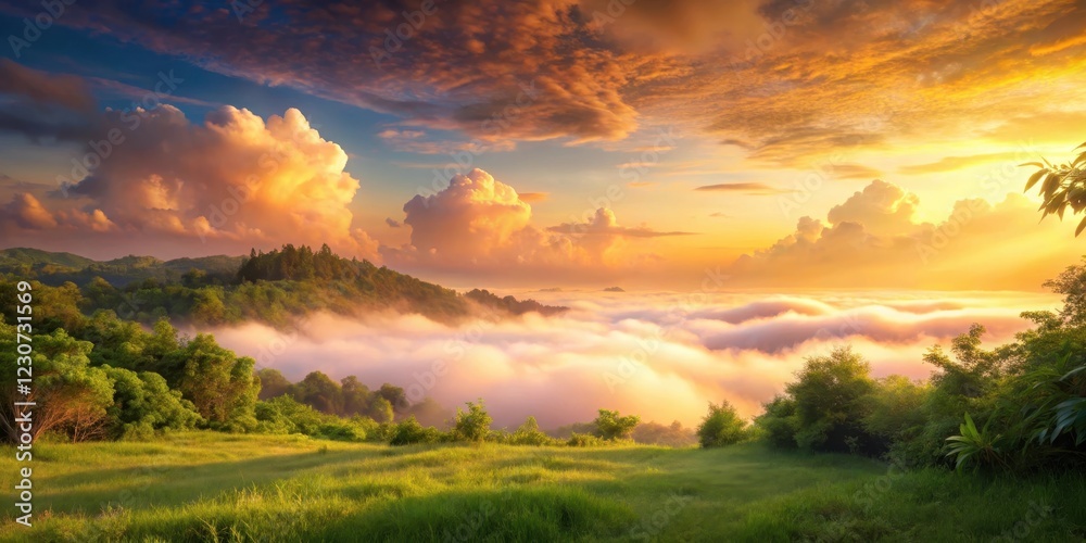 Fototapeta premium Soft pink clouds float gently across a serene landscape at sunset, with warm golden hues and lush greenery in the foreground, sunset, dreamy landscape