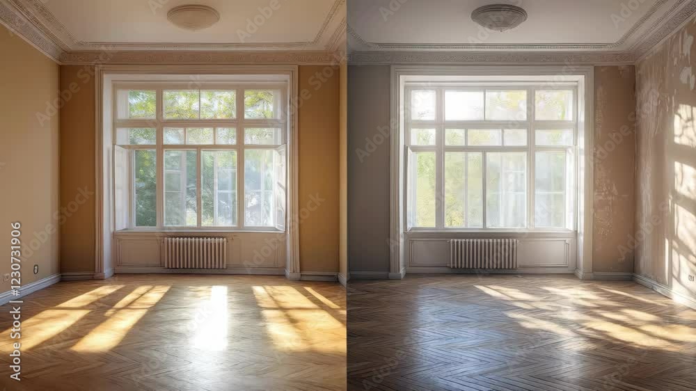 Sunlit room transitions: changing light patterns across wooden floor Sunlit room transitions: changing light patterns across wooden floor