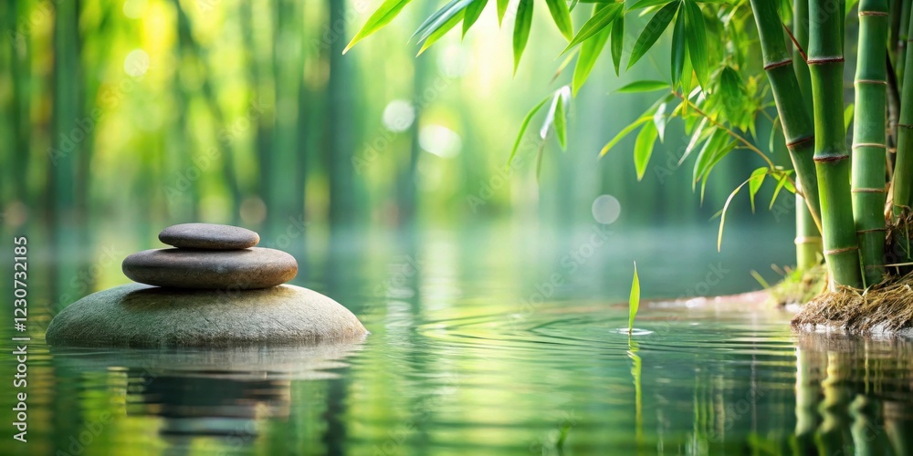 Naklejka premium Serene Zen stone surrounded by lush greenery and bamboo in calm water, zen stone, outdoor space, zen stone