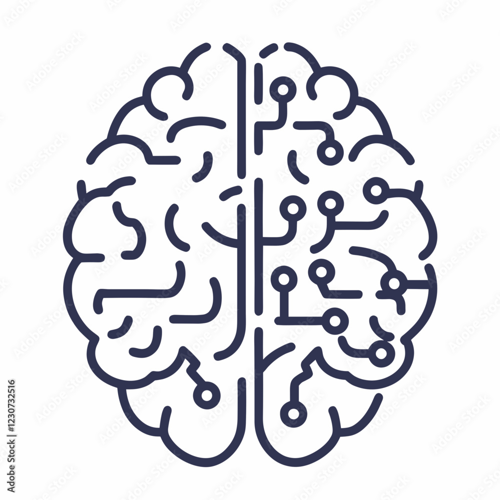 Detailed brain icon with neural circuits and pathways on a white background copy space Detailed brain icon with neural circuits and pathways on a white background copy space