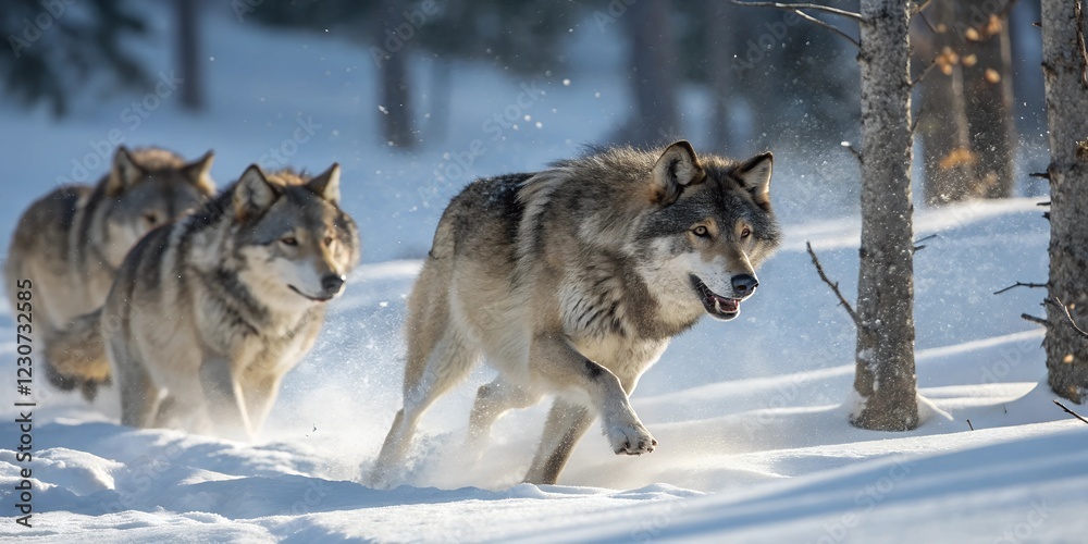 Wolf pack hunting in winter wilderness – Dynamic action shot Wolf pack hunting in winter wilderness – Dynamic action shot