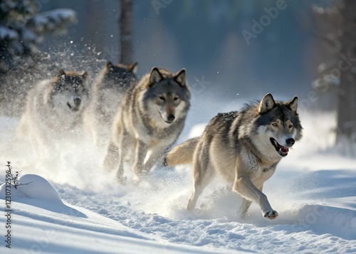 Wolf pack hunting in winter wilderness – Dynamic action shot photo