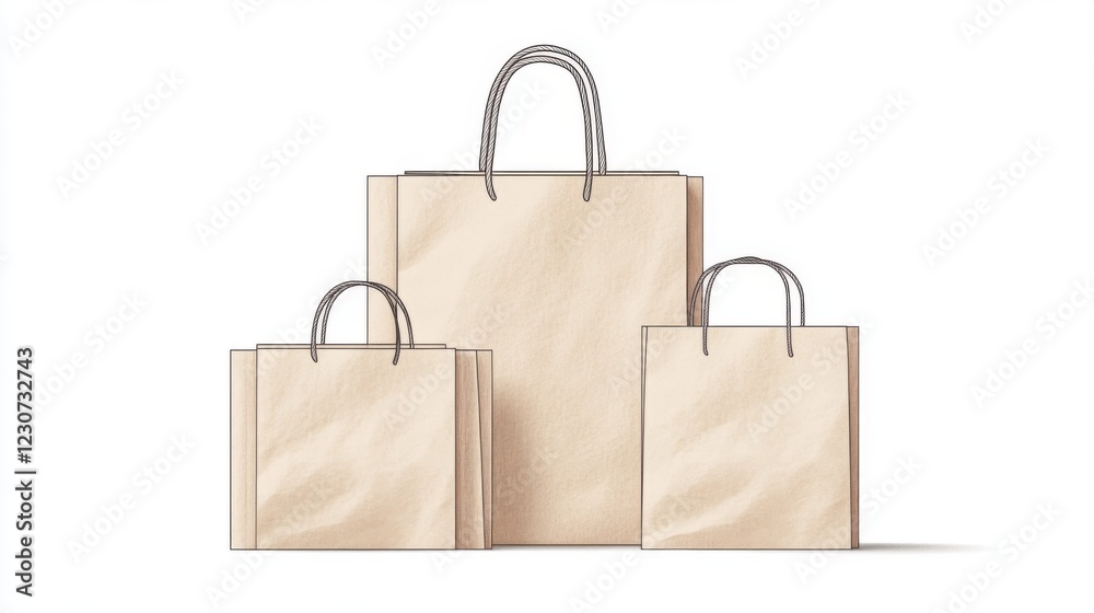 Three kraft paper shopping bags of varying sizes isolated on white. Three kraft paper shopping bags of varying sizes isolated on white.