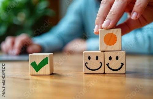 Person builds small wooden blocks with happy faces, tick. Strategy for positive client, employee engagement, satisfaction. Image illustrates excellent customer service, loyalty building. Business photo