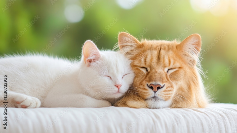 Adorable White Kitten Snuggles with the Charming Ginger Cat in a Cozy Sunlit Setting Adorable White Kitten Snuggles with the Charming Ginger Cat in a Cozy Sunlit Setting