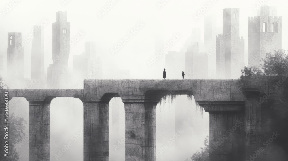 Two figures stand on a crumbling bridge overlooking a fog-shrouded, ruined city. Two figures stand on a crumbling bridge overlooking a fog-shrouded, ruined city.