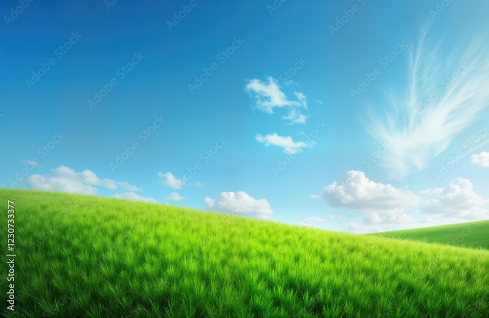 Fototapeta premium Lush green grassy hillside gently slopes upward under clear bright sky with wispy clouds. Scenic rural landscape. Perfect spring or summer day. Beautiful natural view.