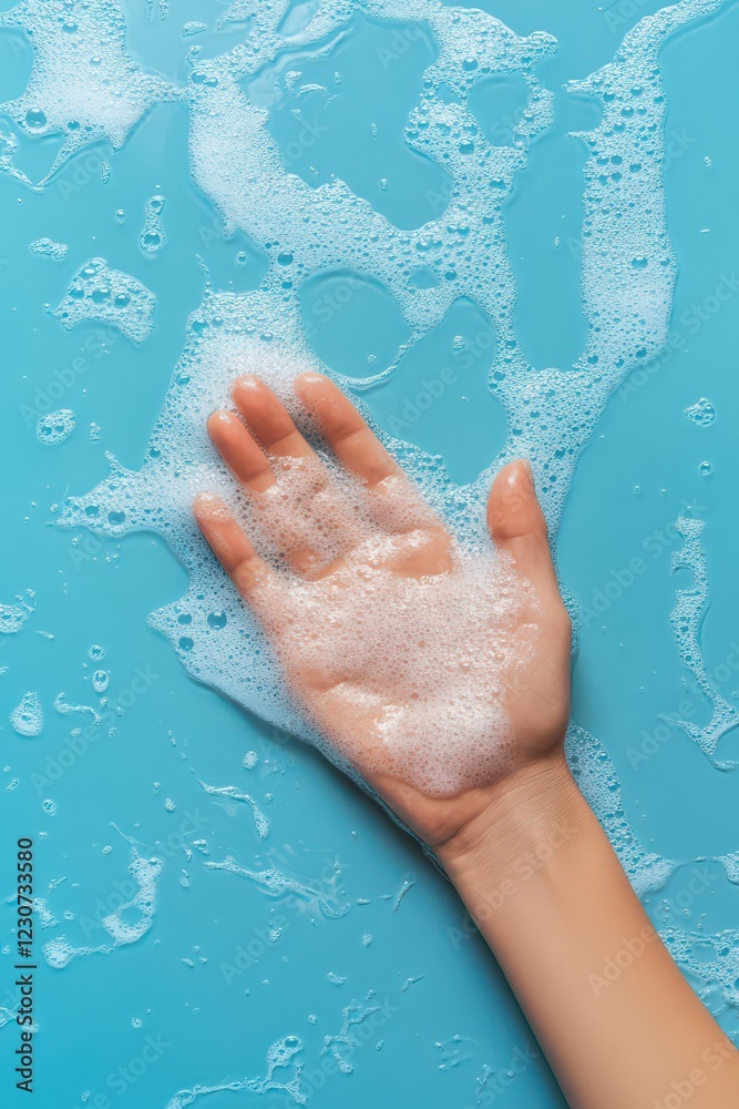 Fototapeta premium World hand hygiene day celebration with clean and soapy hand on blue background. Vertical banner. Copy space