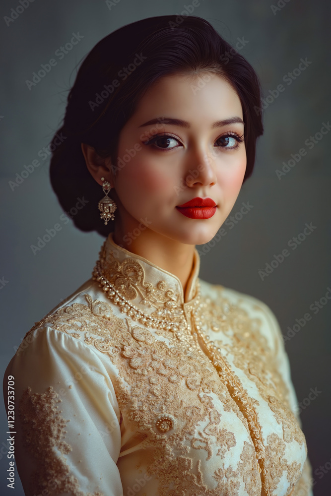 A woman in a white and gold dress posing for a picture A woman in a white and gold dress posing for a picture