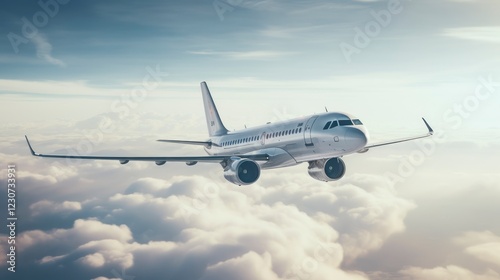 Commercial airplane flying above clouds in the blue sky.