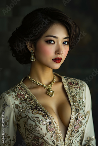 A woman in a white dress with a gold necklace and earrings photo