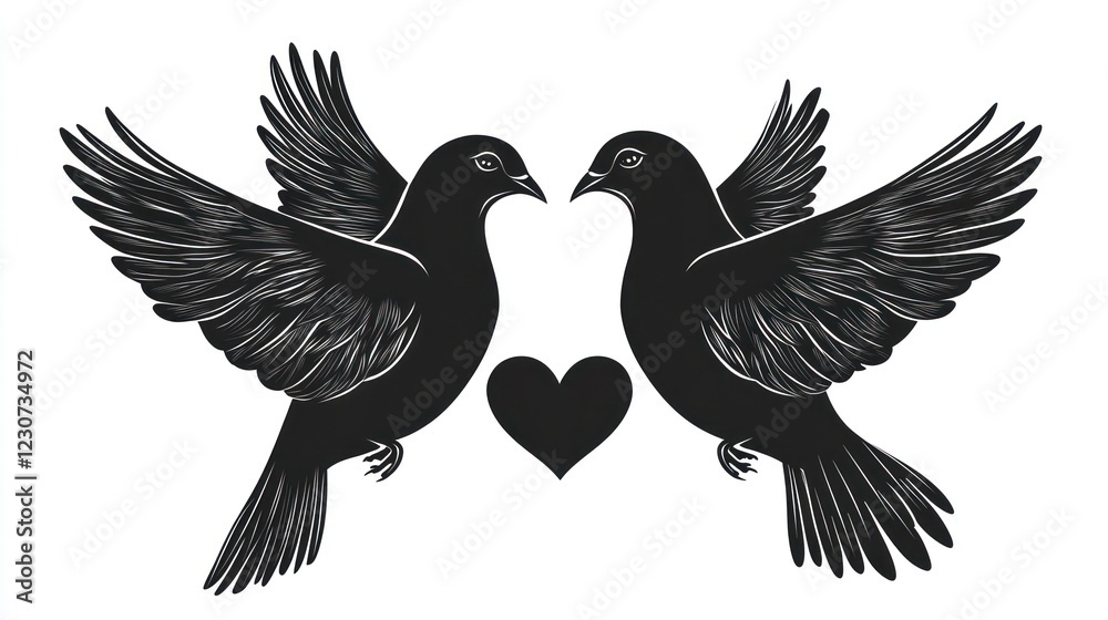 Fototapeta premium Two doves, heart, love, white background, romantic design