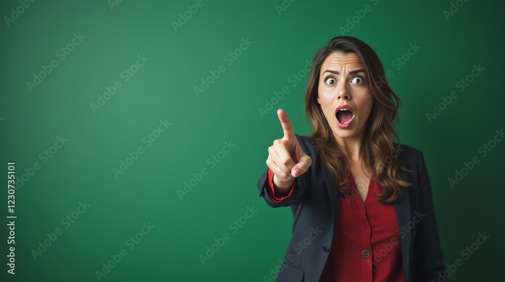 Stunned Businesswoman Pointing to the Space for Copy – An Extreme Close-Up of a Mediterranean Woman in Professional Attire Stunned Businesswoman Pointing to the Space for Copy – An Extreme Close-Up of a Mediterranean Woman in Professional Attire