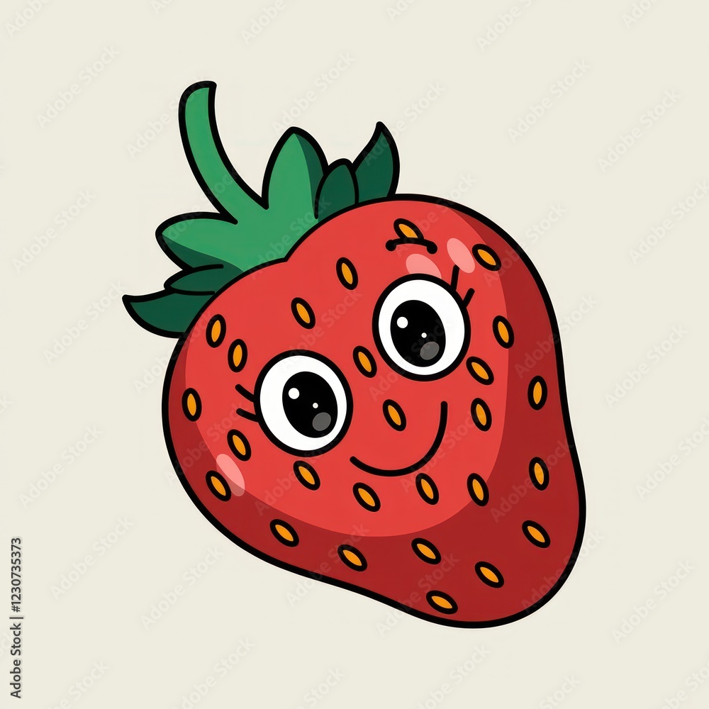 a cartoon strawberry with a cute smile and big eyes. The strawberry is bright red with green leaves. The background is a soft beige color. a cartoon strawberry with a cute smile and big eyes. The strawberry is bright red with green leaves. The background is a soft beige color.