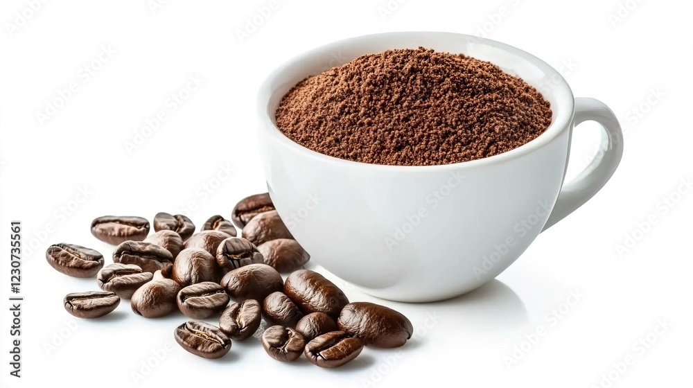 Freshly Ground Coffee in White Cup with Whole Coffee Beans Nearby Freshly Ground Coffee in White Cup with Whole Coffee Beans Nearby