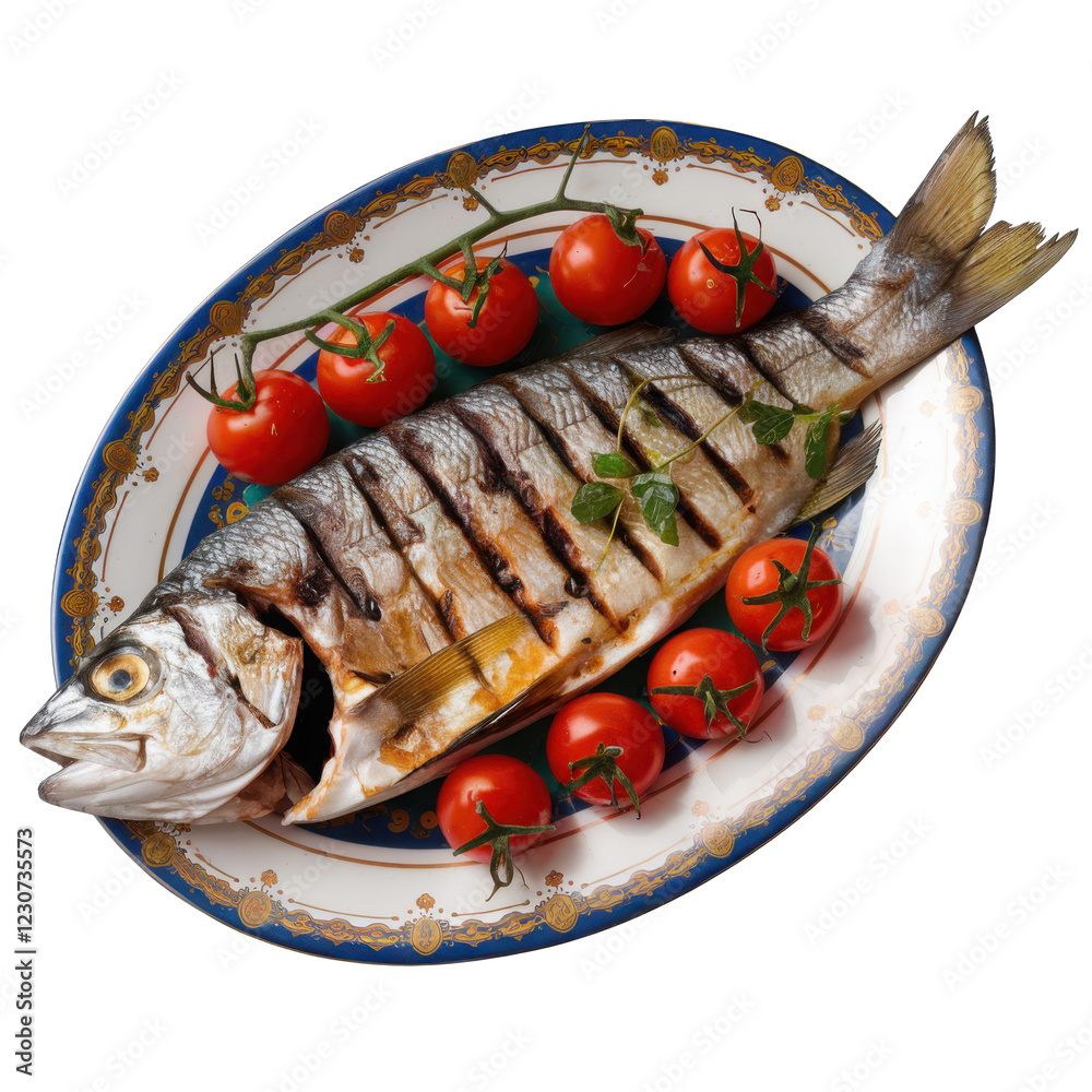 Grilled Whole Fish with Cherry Tomatoes on a Plate Grilled Whole Fish with Cherry Tomatoes on a Plate