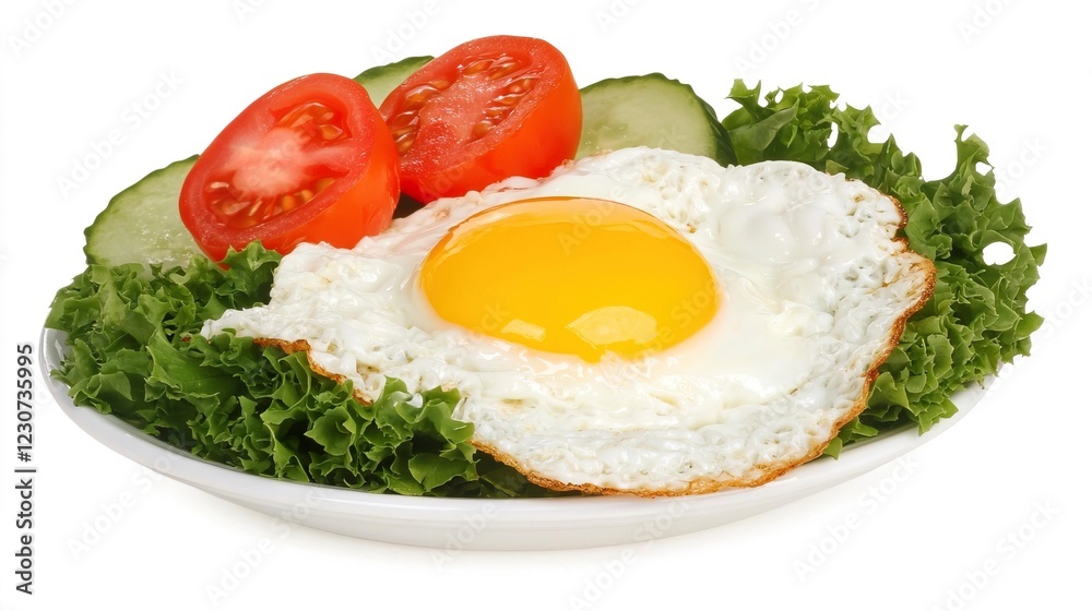 Fresh Salad with Fried Egg, Tomato Slices and Cucumber on Plate Fresh Salad with Fried Egg, Tomato Slices and Cucumber on Plate