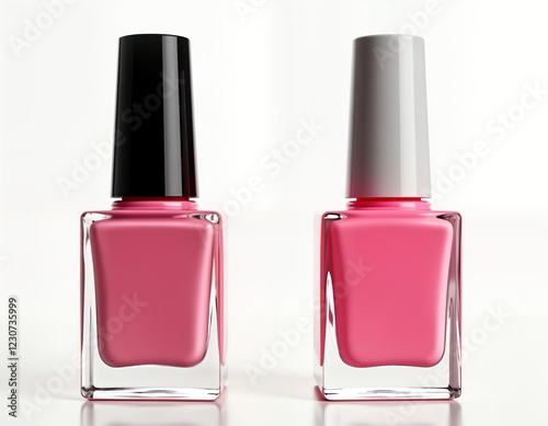 Two pink nail polish bottles sit isolated against transparent backdrop. Modern cosmetic product presentation. Fashionable nail polish bottles in square shape. Beauty product for nails, manicure.