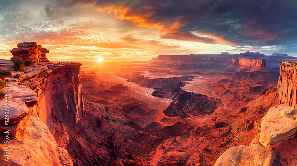 Fototapeta premium Stunning sunrise over rugged canyon landscape, showcasing vibrant colors and dramatic rock formations against a cloudy sky. Dream Canyon. Illustration